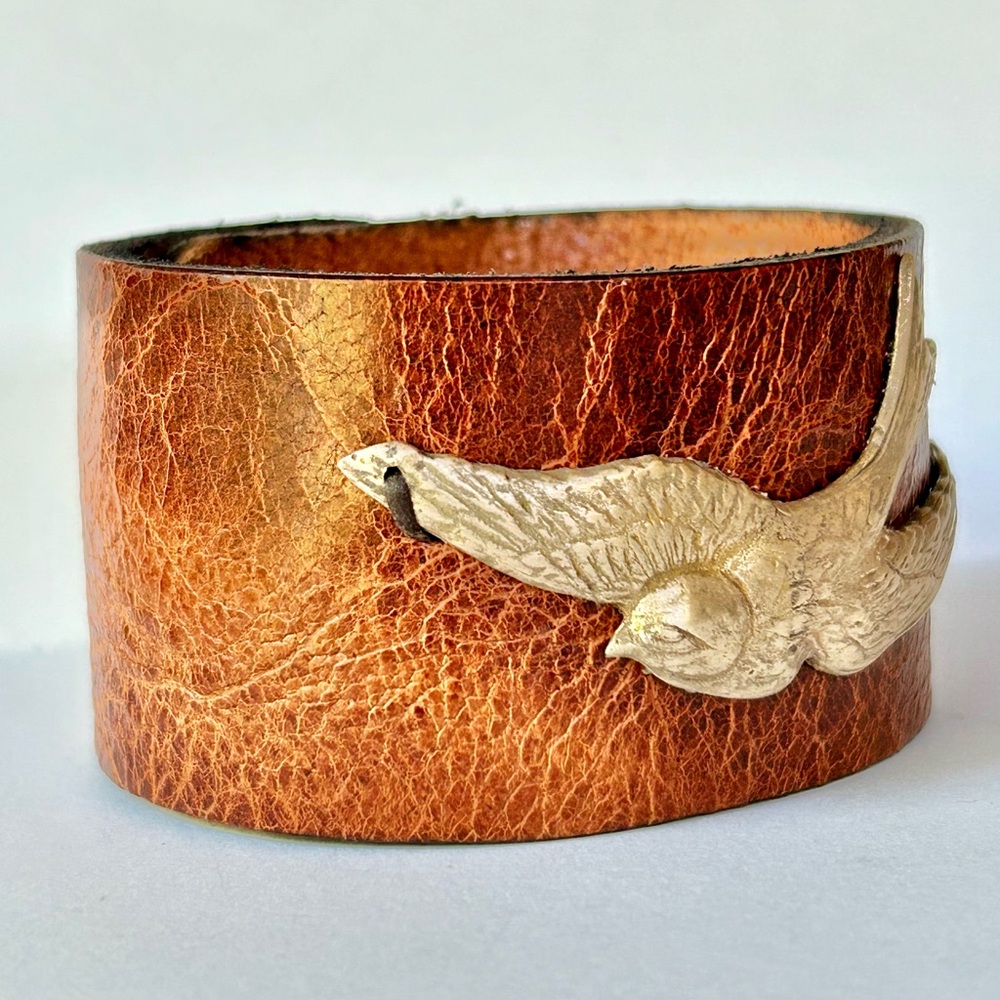 ***SOLD*** Handcrafted Bronze Swallow Leather Cuff Bracelet - Picture 3 of 4